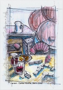 2 - 2002 'Weinfässer und Tisch'(barris e mesa) Stifte, Papier 15 x 25 cm (Verkauft)